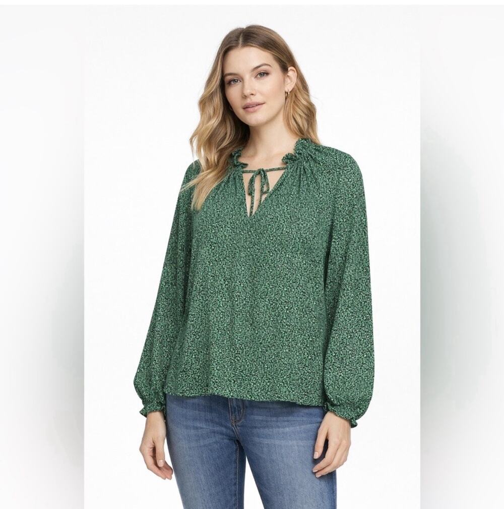 Sanctuary Mini Leopard Print Blouse Green Blue Tie Neck Long Sleeve Top Medium